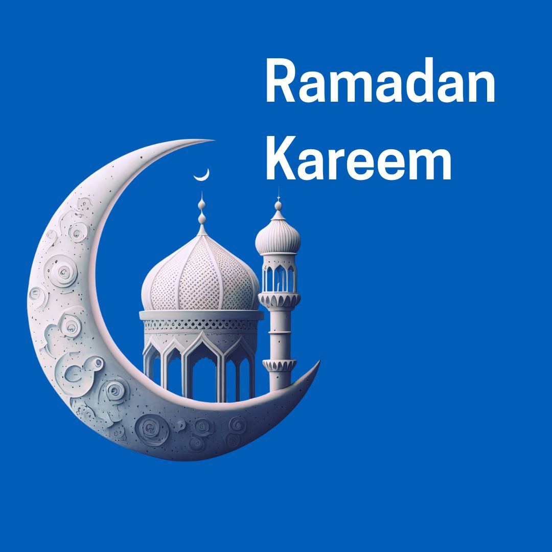 White moon and minaret design over a blue background with text Ramadan Kareem