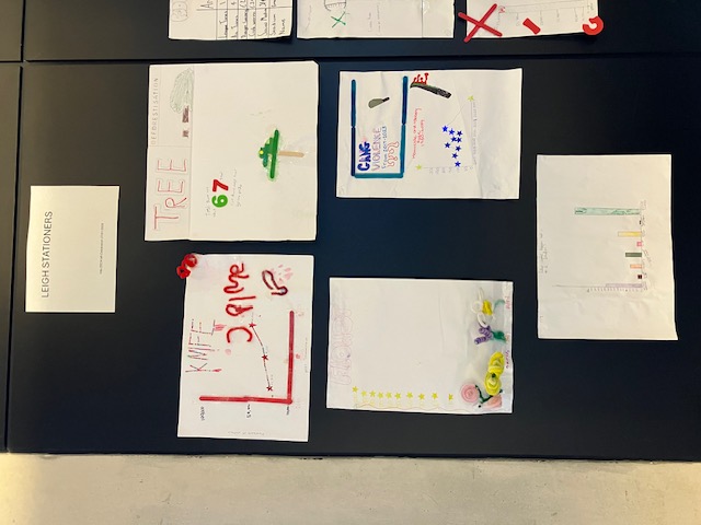 Decorated posters on a black classroom wall
