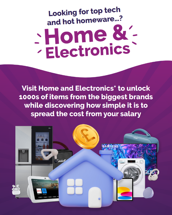 Home electronics and appliances displayed on purple and white poster
