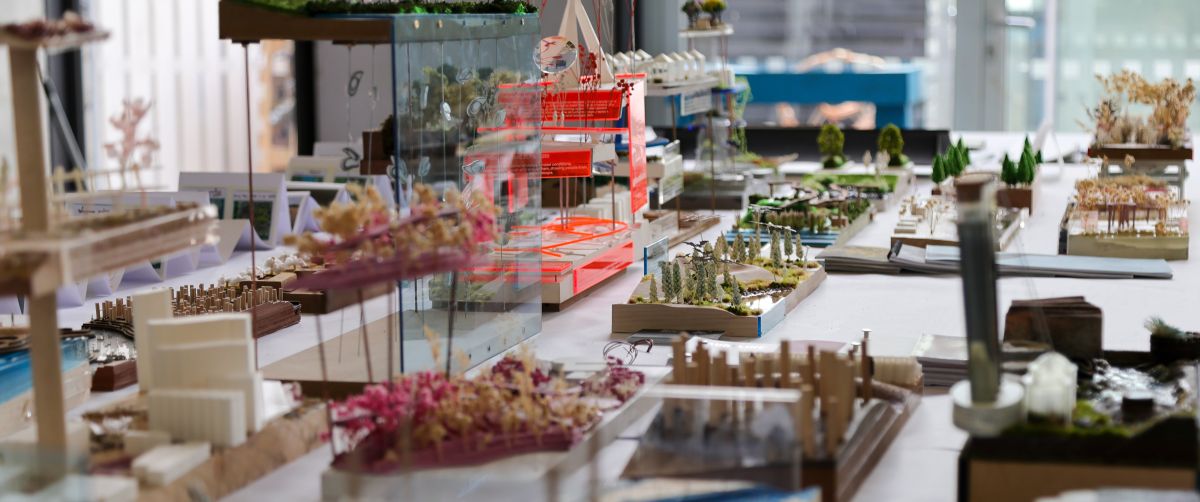 Photograph of end of year exhibition, showing models from the undergraduate Landscape Architecture Design Studio modules.