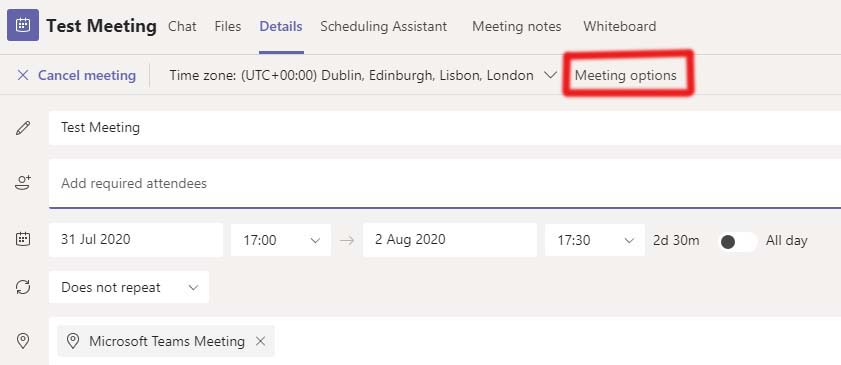 Teams Meeting options in Teams