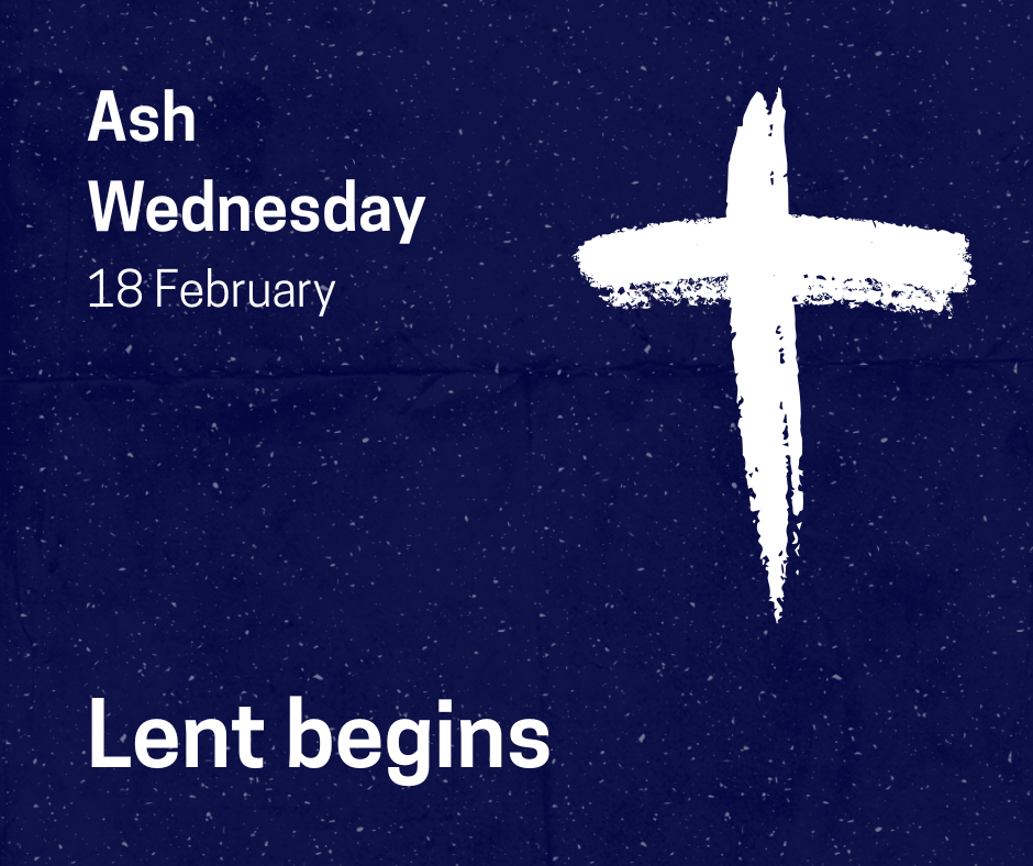 Dark blue background with white cross and text Ash Wednesday and Lent begins
