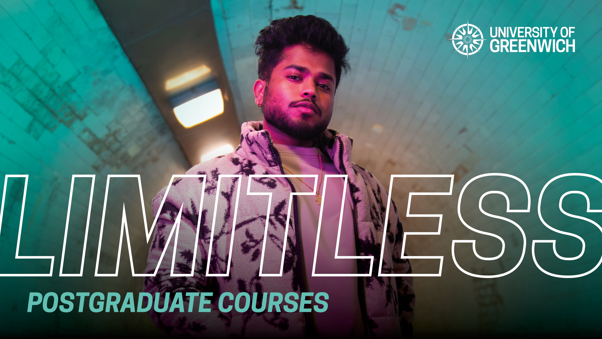 A student standing in front of a long tunnel, with the text 'Limitless' in front of it.