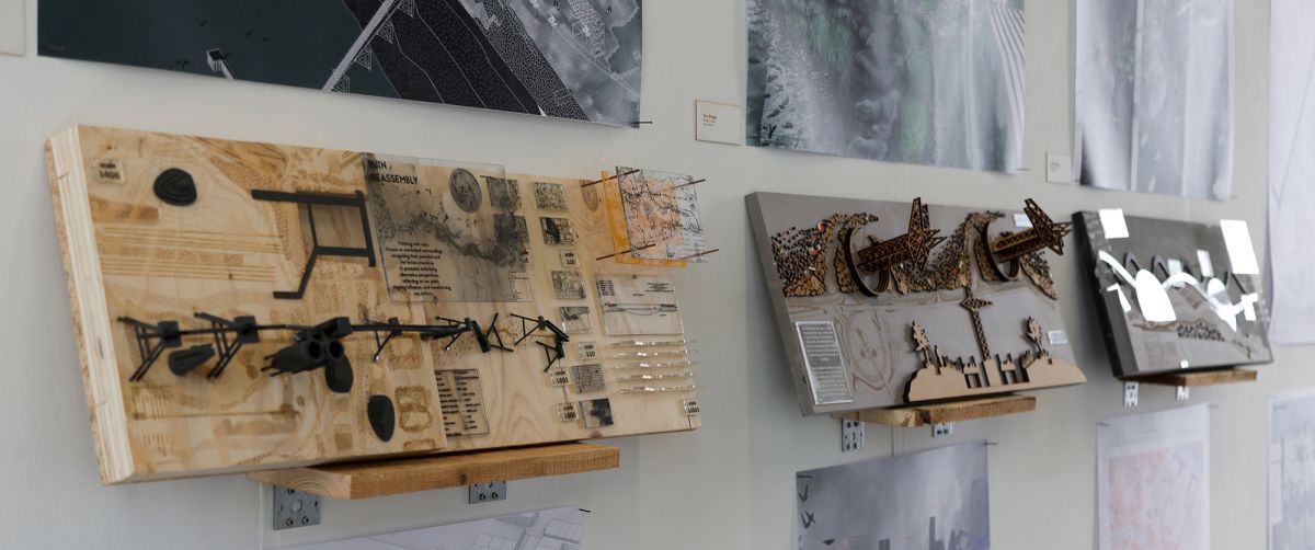  Photograph of end of year exhibition, showing models from the postgraduate Landscape Architecture Design Studio modules.