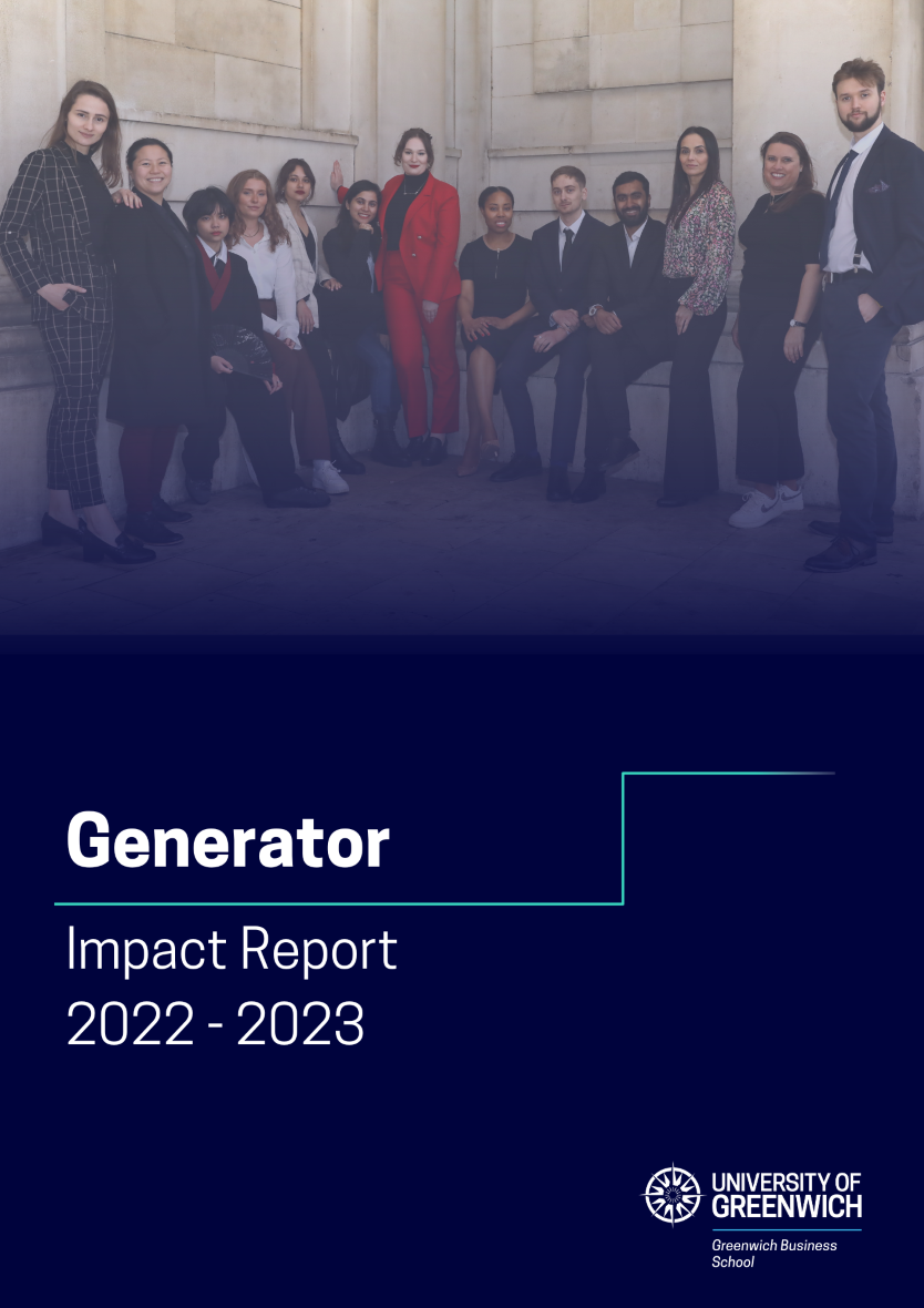 A collection of students against a stone wall. There is white text on a blue background that reads "Generator Impact Report 2022 - 2023"