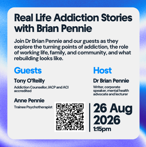 Promotional poster for event on addiction stories on 26 Aug