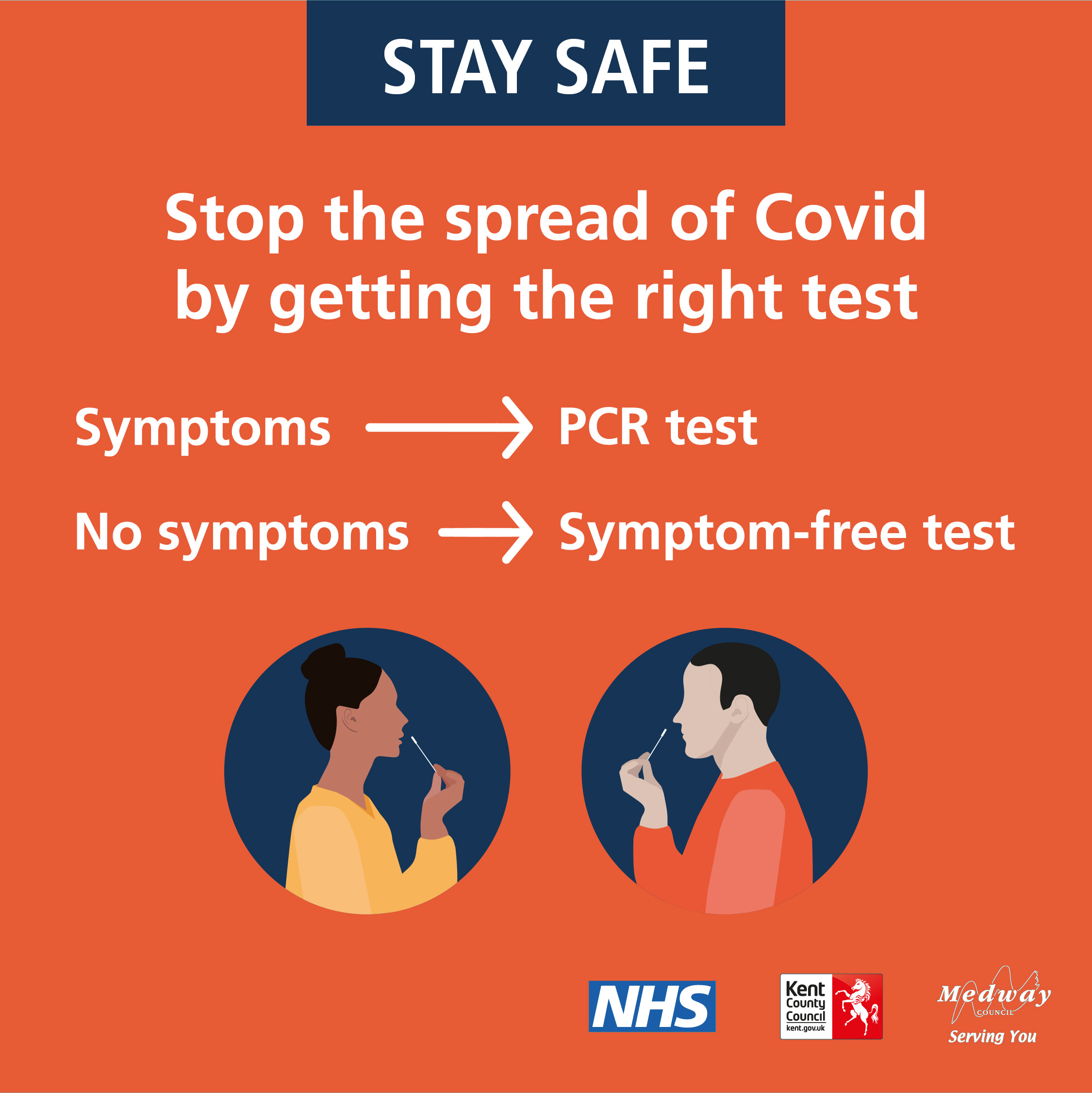 Stay Safe - Stop the spread of Covid by getting the right test.  Symptoms (arrow) PCR test.  No symptoms (arrow) Symptom-free test