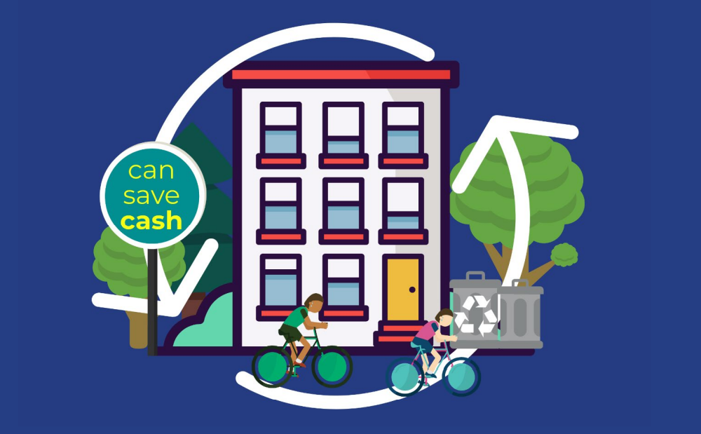 recycling logo, trees, building and two people cycling to save money