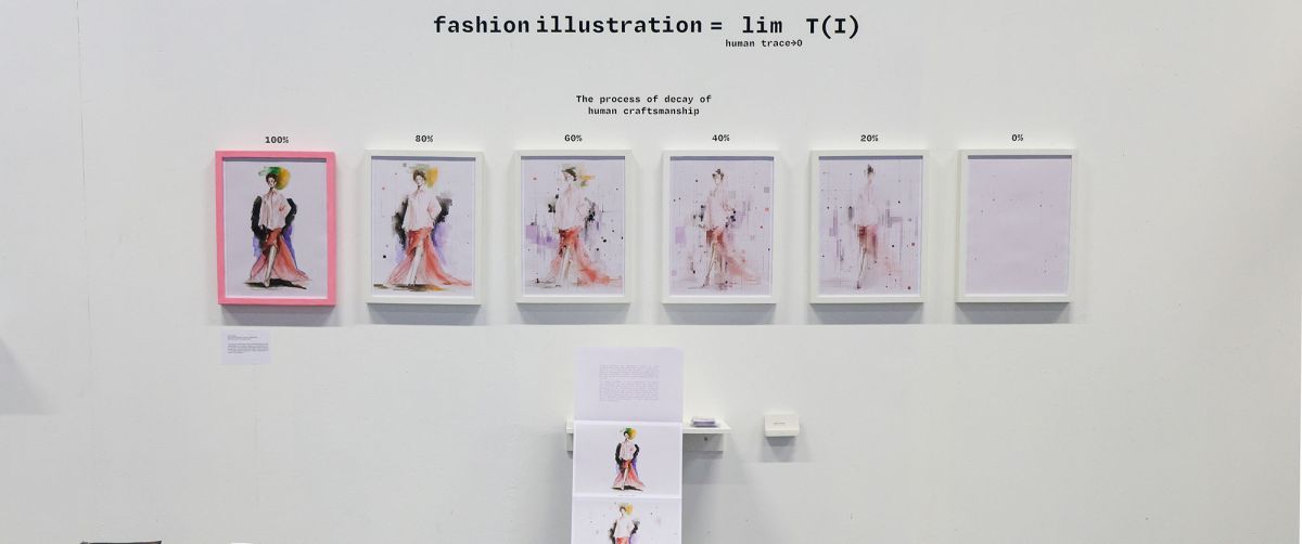 A photograph of student work on display in the degree show. Six picture frames, roughly 8 x 12 inch portrait are mounted on a plain white wall in a row at head height. On the left, the first has a pink frame with a hand drawn fashion illustration of a clothed model in watercolour. This fame is labelled ‘100%’. To the right of that are frames two to six, labelled ’80%’, ’60%’, ’40%’, ’20%’ and ‘0%’ respectively. All frames are white and each contains the same illustration becoming less and less visible until frame 6 (‘0%’) when only a few dots remain. Below the row of frames is a wall mounted shelf from which a long concertina folded sheet extends to the floor showing the same illustration disappearing in steps on each page. Also on the shelf is a small booklet to take away and on a tiny shelf to the right are business cards to take. 