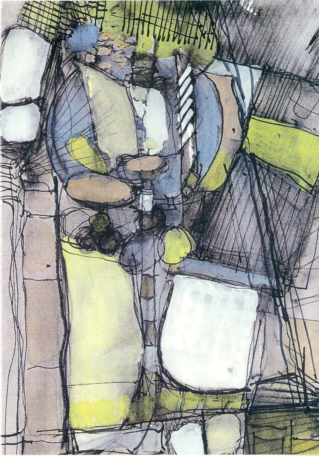 Abstract art, greys, steely blues, and greens, in hand drawn varying shapes, all smushed together. It is called The Two Worlds and was created by Ken Sadler, an Architecture student. It depicts Ken's notion of a journey through the building linking an opera school with the wider community.