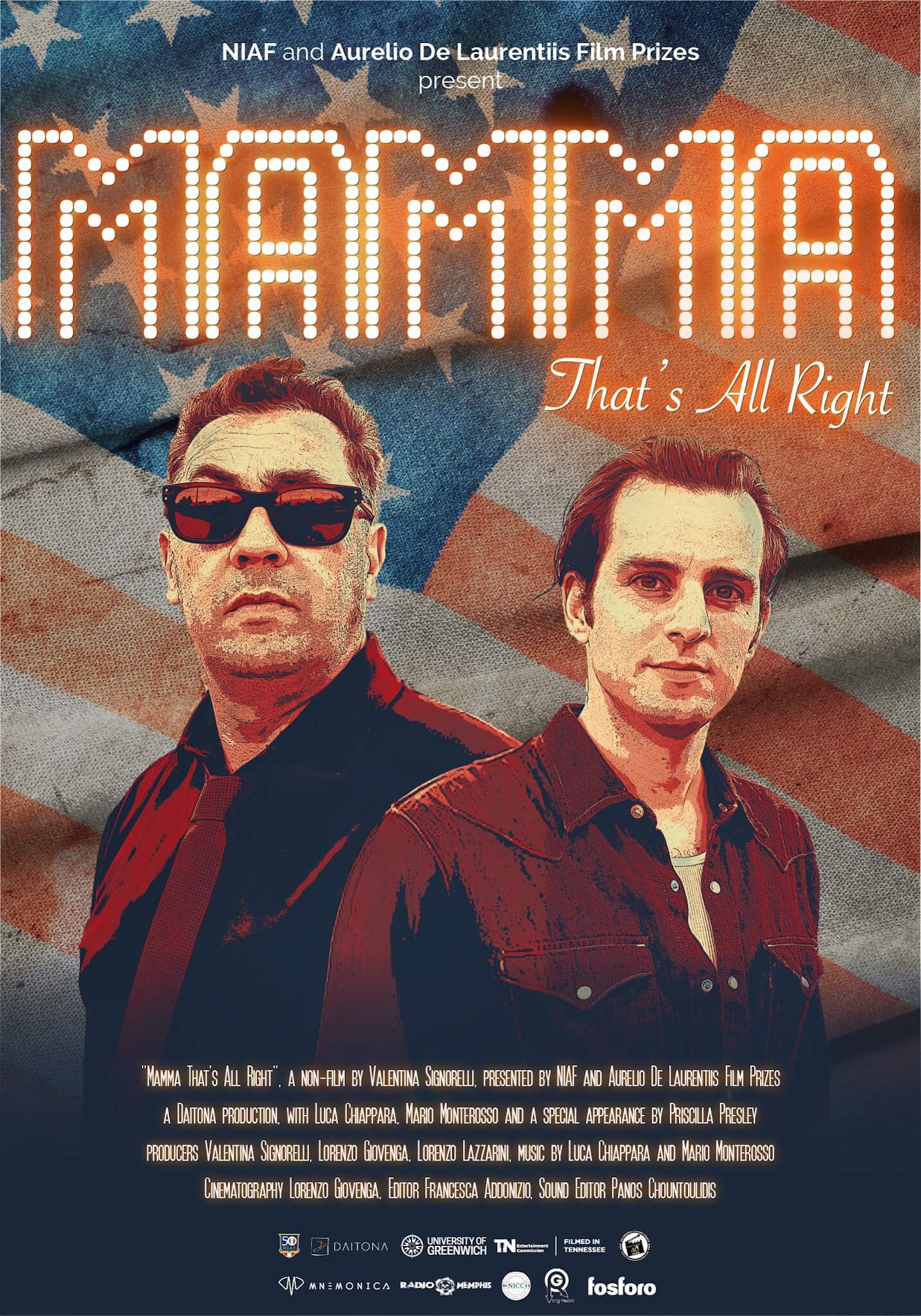 Documentary poster of Mamma with two men one in glasses and a stubble and the other boyish clean-shaven looks with an American flag behind them