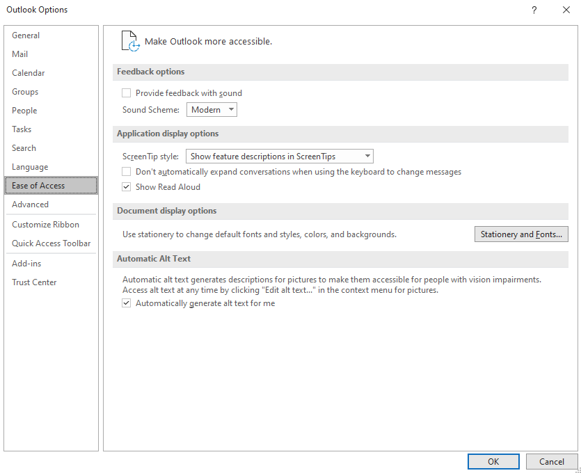 A screenshot showing accessibility options available in Outlook to the user by goint to the file menu and selecting options, the ease of access, including how to change display options