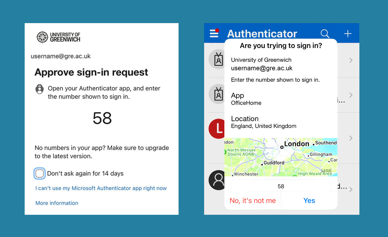 Two screenshots, one showing an "Approve sign-in request" screen with the number 58 displayed below the text "Open your authenticator app and enter the number shown to sign in." The second screen shows the Authenticator app with the app office home and location of England displayed. The number 58 is entered in the verification field.