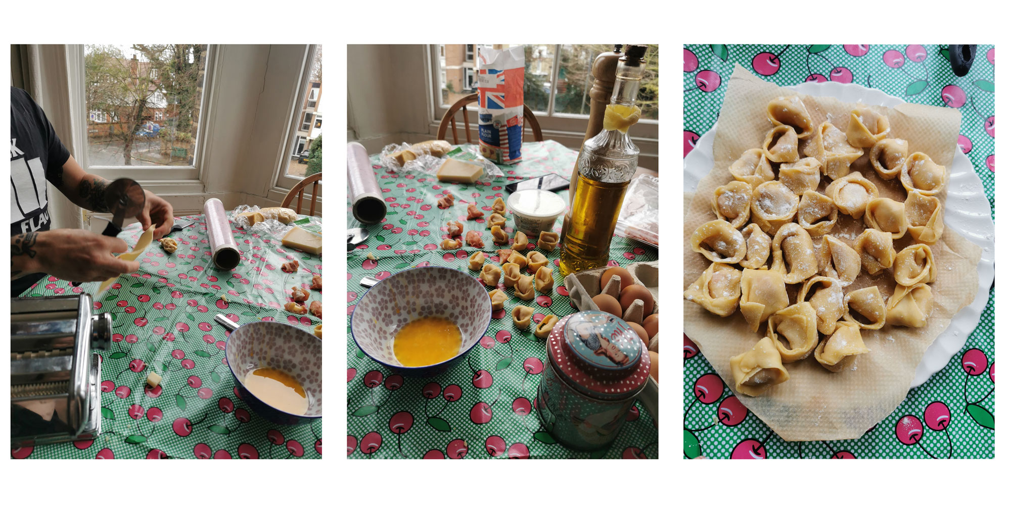 3 images showing phases of Rolling Dim Sum, from rolling on the left, gathering them together in the centre and a closeup of the finished item on the right.