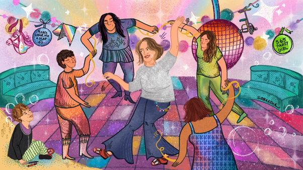  Artistic sketch of people with disabilities in a playful environment
