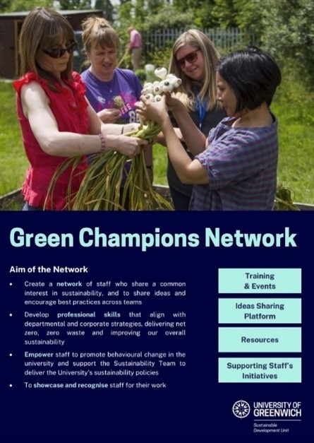 Four females in a garden holding flowers featured on an informational poster on Green Champions Network