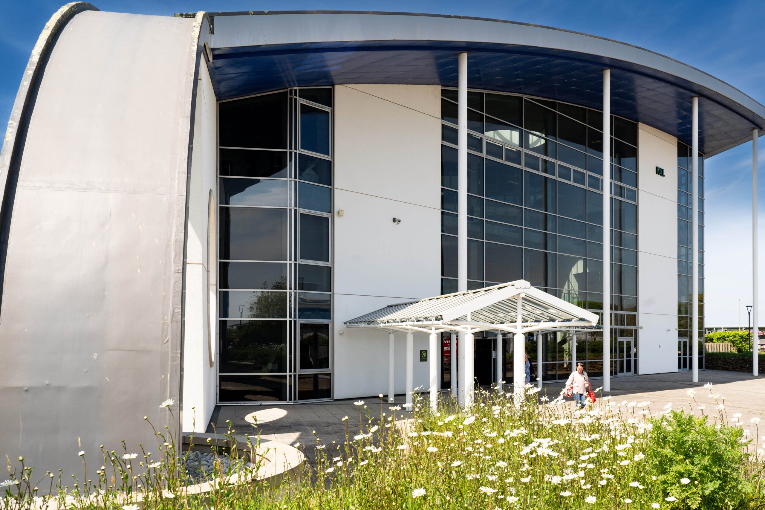Exterior view of a modern college building with a large glass facade, a blue curved roof overhang, and white pillars, fronted by a bed of blooming white daisies under a clear blue sky