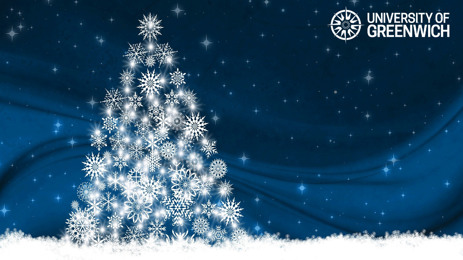 Festive background for Microsoft Teams with University logo and a white Christmas tree made up of snowflakes with a dark blue starry background
