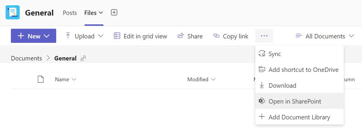 Microsoft Teams screenshot showing  actions available under the 'files' tab. The '...' option is expanded showing additional menu items including 'Open in Sharepoint