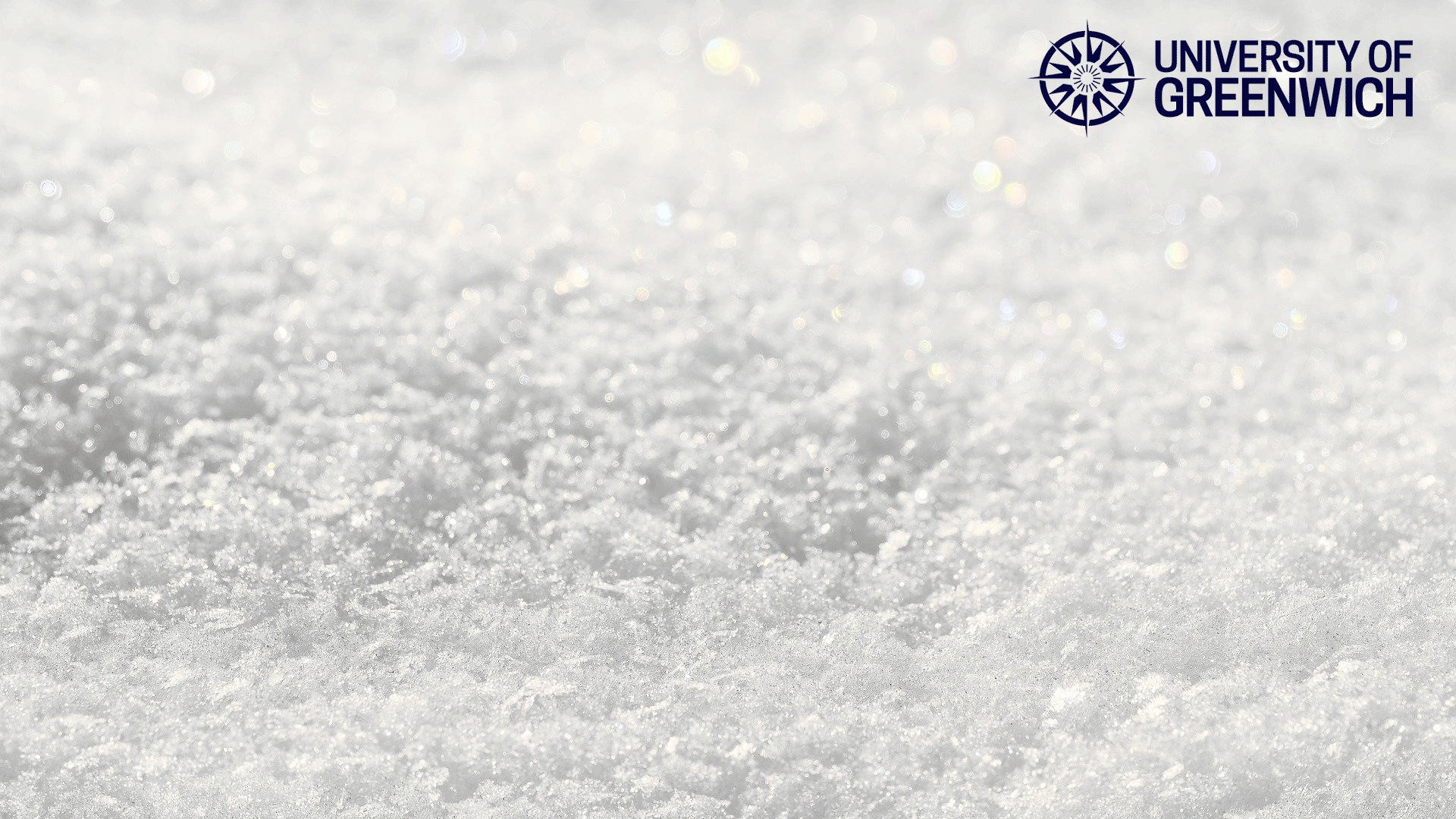 Festive background for Microsoft Teams with University logo and a closeup of fresh white snow.