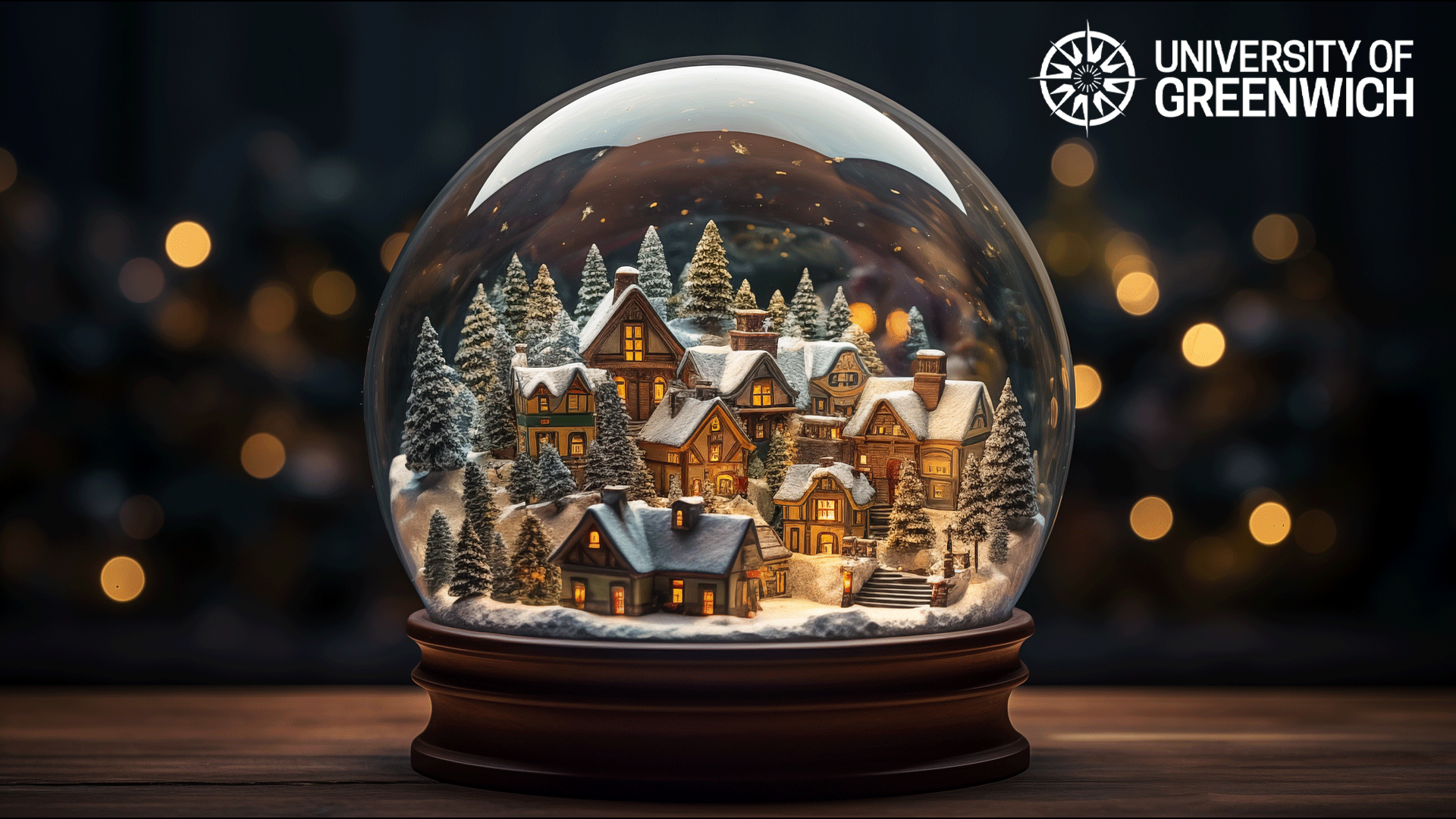 Festive background for Microsoft Teams with University logo and a snow globe showing a snow covered alpine town scene. The windows shine with a warm glow. The background is dark with golden sparkles.