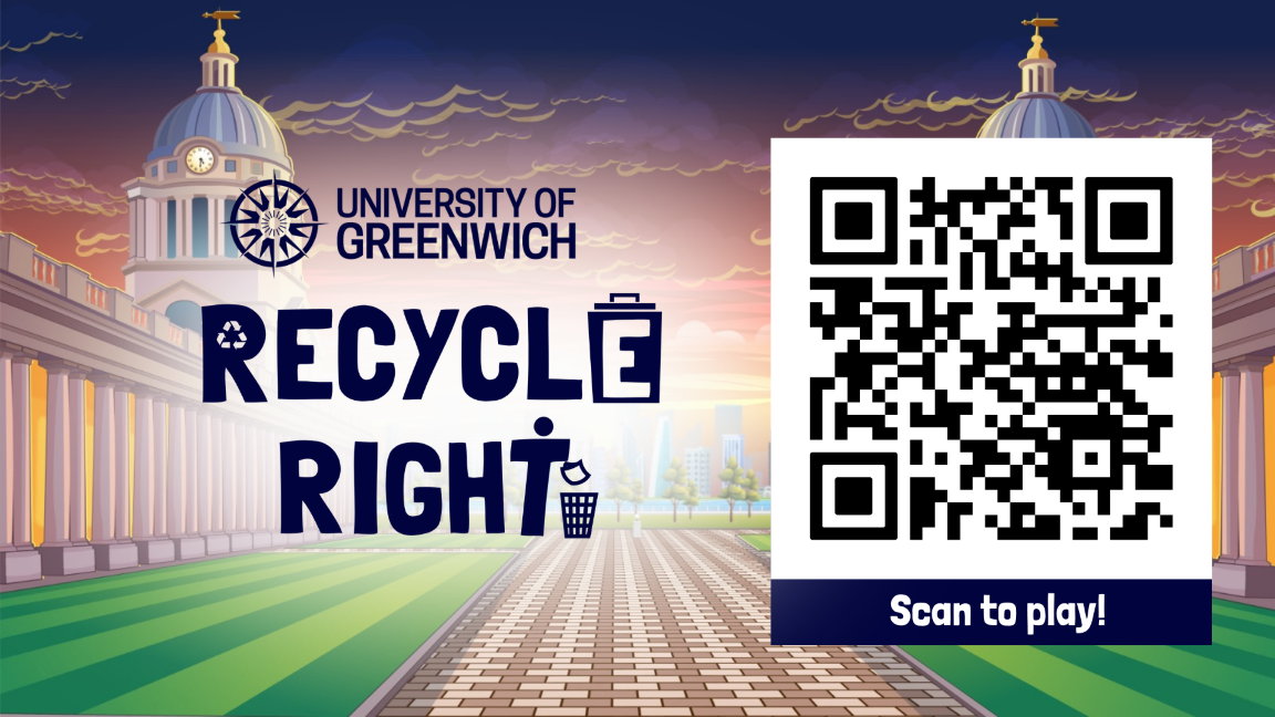 Recycle Right text with a QR code against university AI generated outdoor area